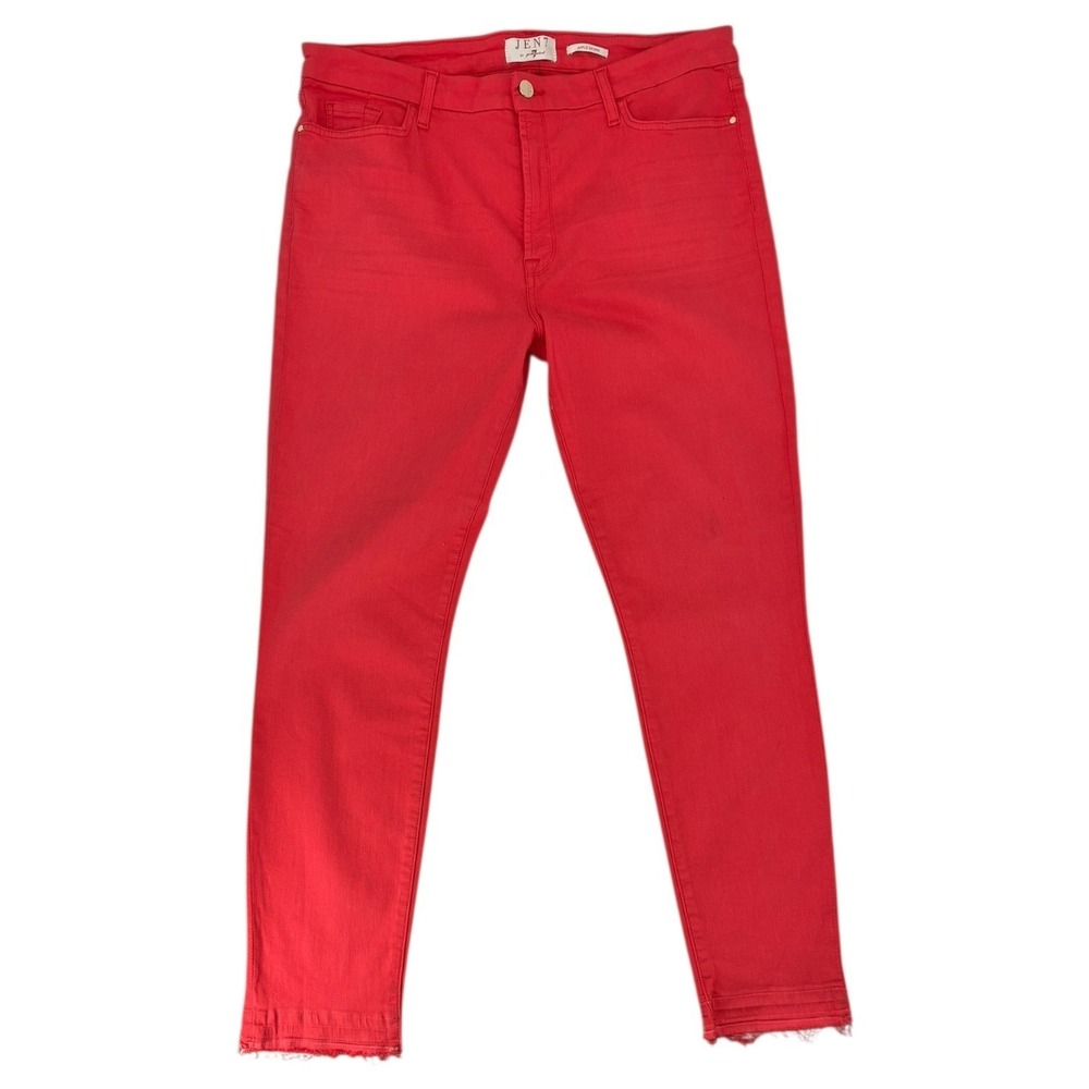 7 For All Mankind JEN7 Coral Red Ankle Skinny‎ Jeans Raw Hem Size 16